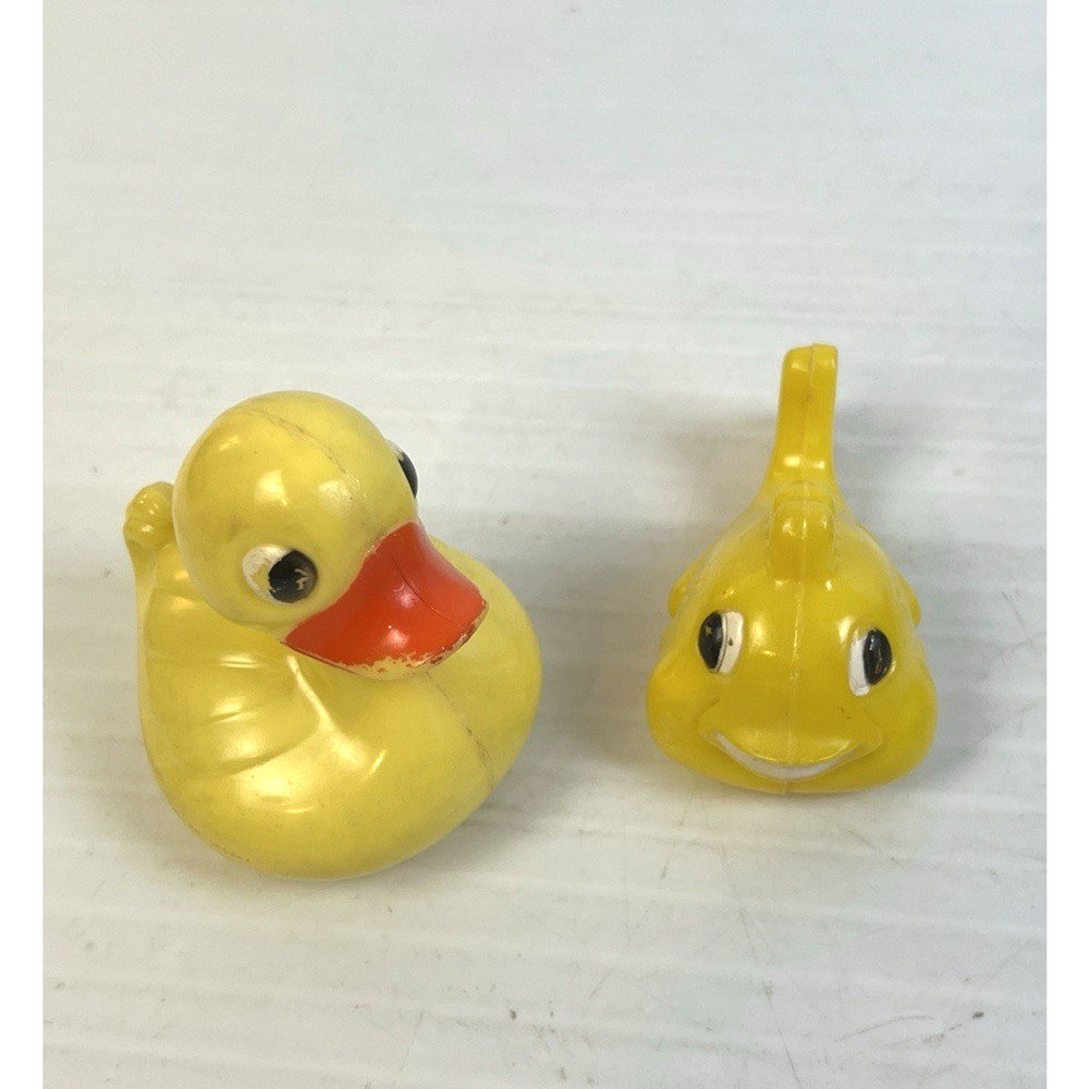 Duck and Fish Plastic Baby Rattle and Tub Toy Vintage MCM 50's / 60's Yellow